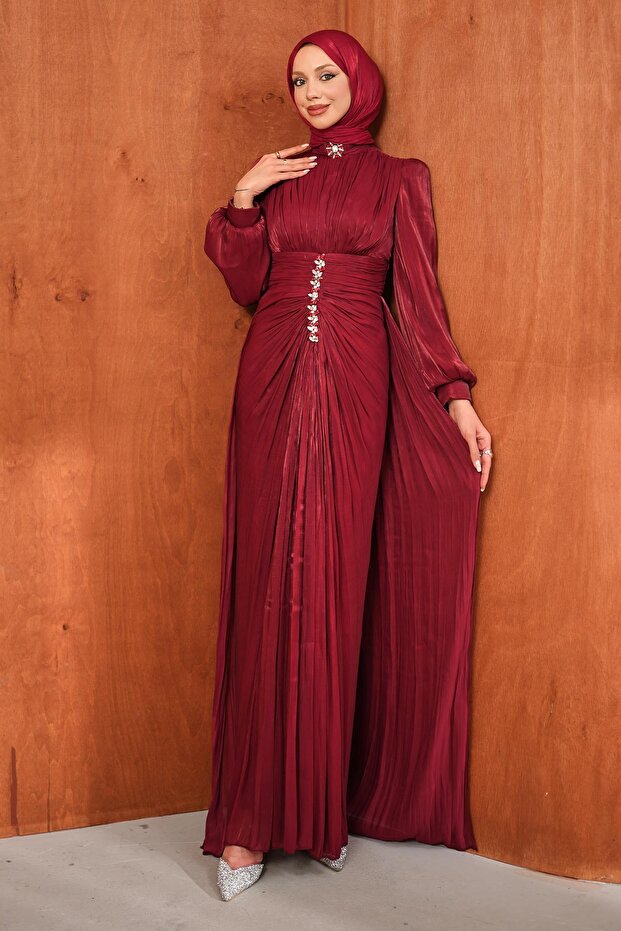 Burgundy Stone Detailed Draped Janjan Evening Dress