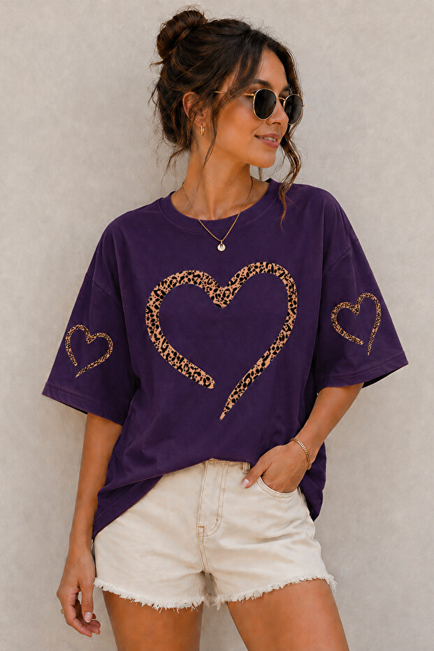 Leopard Patterned Heart Printed Unisex Oversize T-Shirt – Cotton Crew Neck Casual T-Shirt