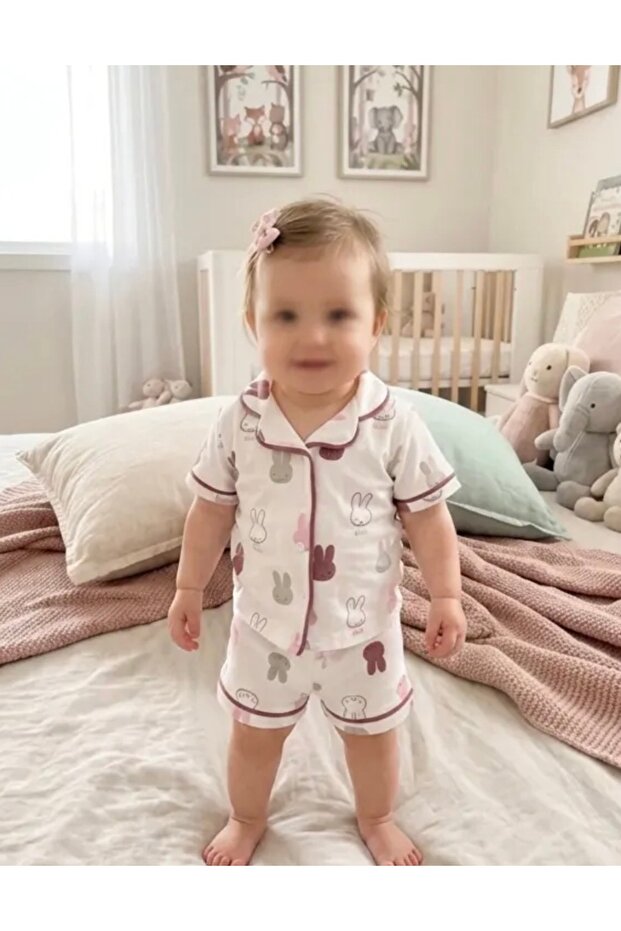 100% Cotton Rabbit Patterned Baby Girl Pajama Set Short Sleeve Summer Wear