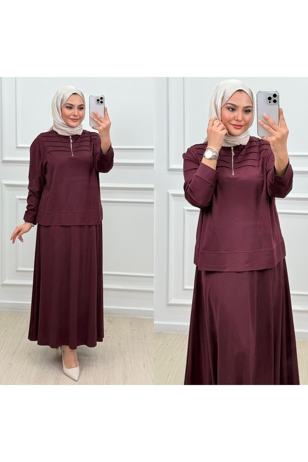 Interlock Fabric Two-Piece Set with Zippered Crew Neck Tunic and Skirt