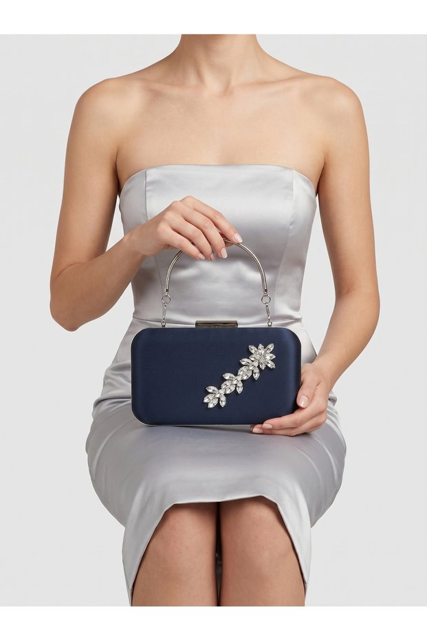 Navy Blue Color Z.A.R.A. Satin Crystal Stone Embroidered Chain Women's Evening Dress Bag Wedding Engagement Graduation