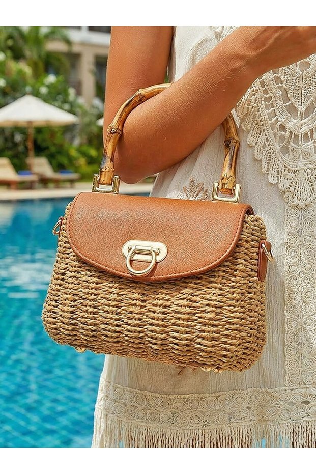 Earth Tone Straw Texture Exotic Bamboo Handle Natural Knitted Vegan Leather Flap Cover Hand Shoulder Bag