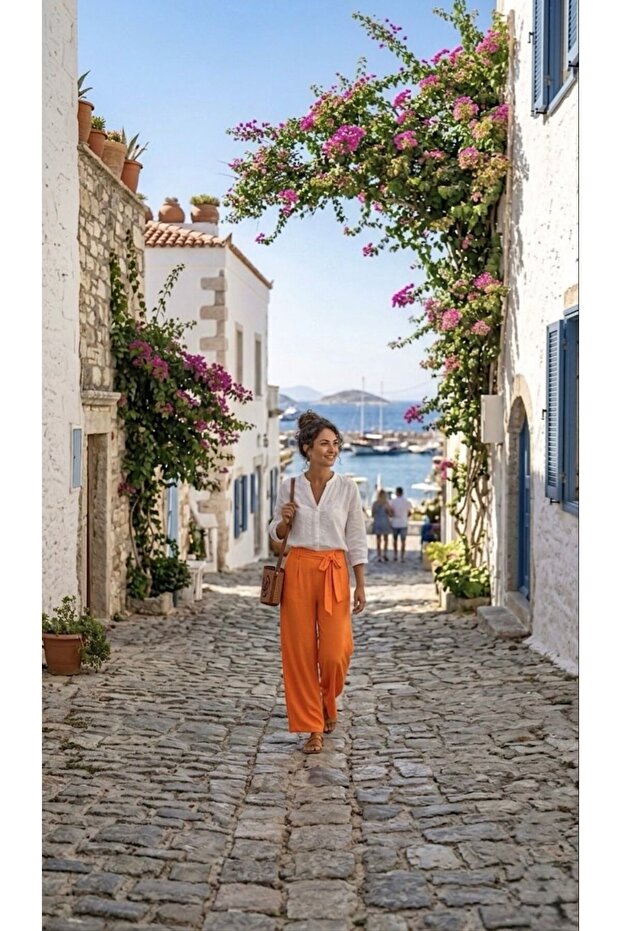 High Waist Comfortable Cut Summer Viscose Trousers with Belt Detail