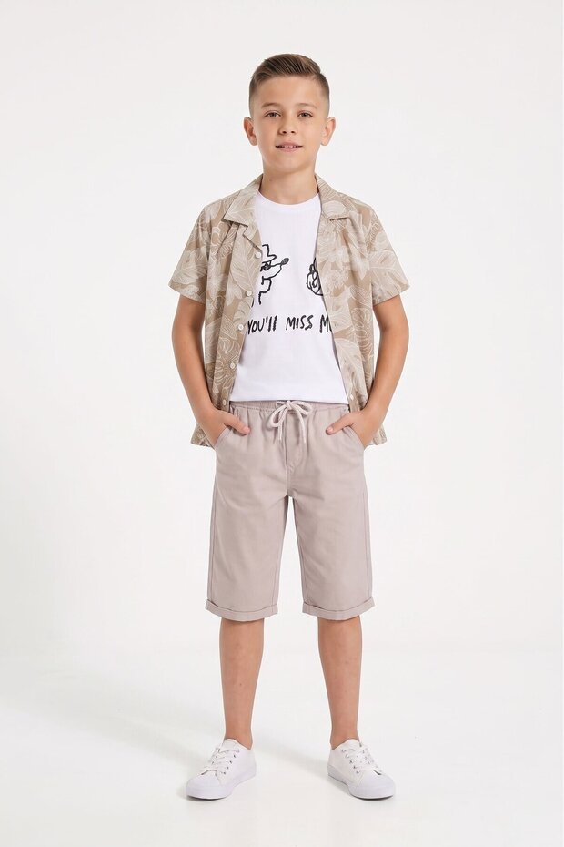 Brown Leaf Patterned Shirt and Linen Shorts Boys' T-Shirt 3-Piece Set 24031