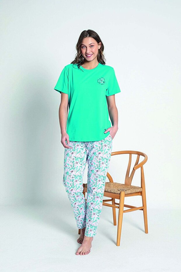 Blue Floral Pattern Short Sleeve 100% Cotton Pajama Set – Relaxed and Comfortable Homewear
