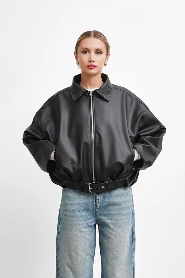 New Season Bomber Oversize Women's Leather Jacket with Belt Detail