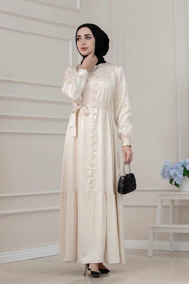 Jacquard Patterned Buttoned Evening Dress-Beige