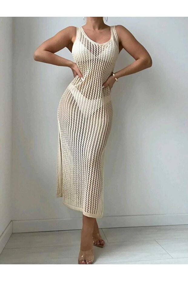 V-Neck 100% Cotton Openwork Pattern Zero Sleeve Slit Knitwear Long Beach Dress
