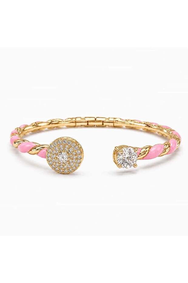 Colorful Enamel Stone Detailed Gold Handcuff Bracelet