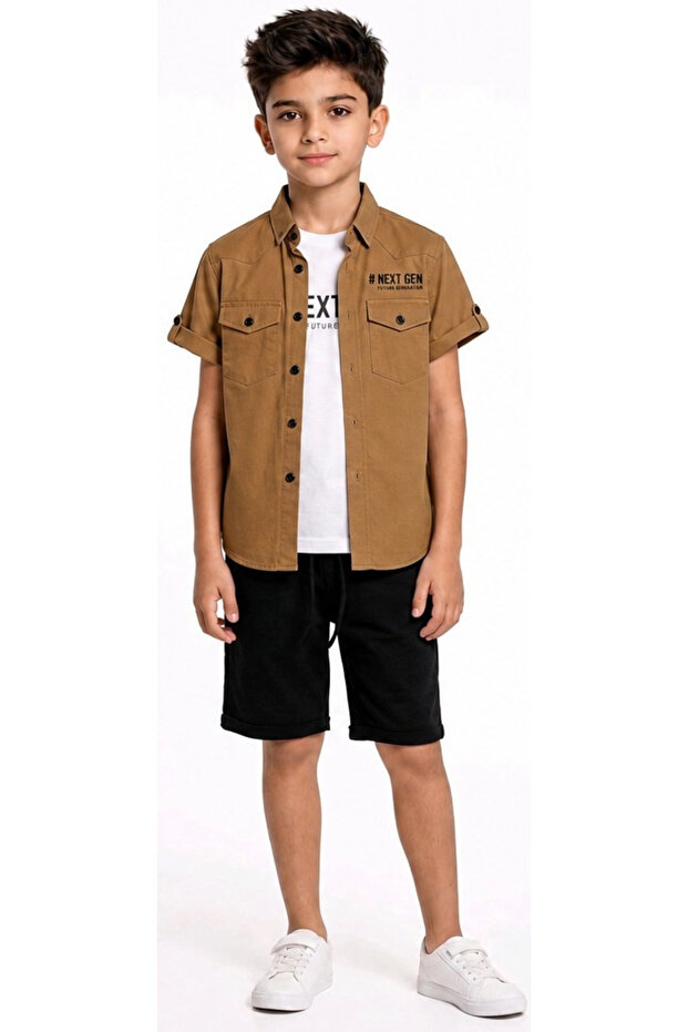 Boys' Next Gen Written Double Pocket Button Closure Shirt T-Shirt Shorts Brown Color Three-Piece Set