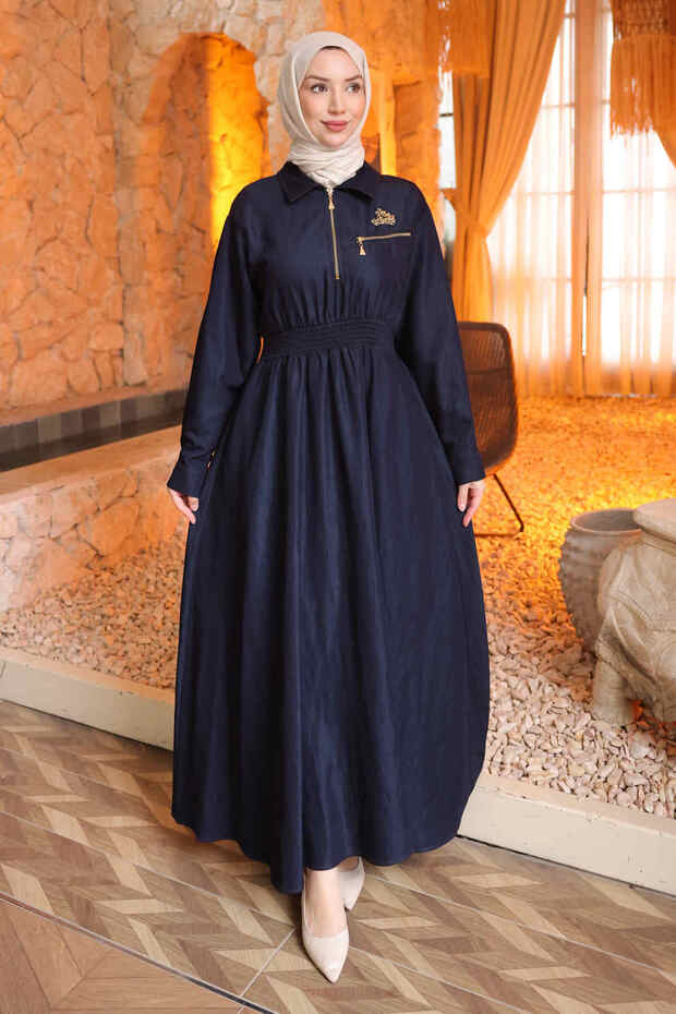 Navy Blue Zippered Denim Dress