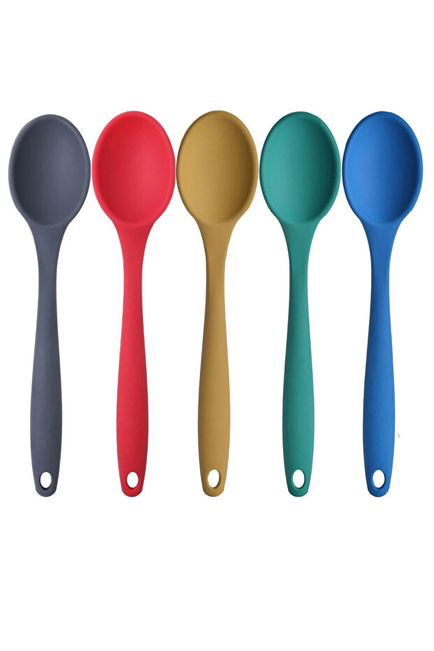 5-Piece Silicone Kitchen Spoon Set – Heat-Resistant Non-Stick Serving and Mixing Spoon Set (Anthracite, Red, Yellow, Green, Blue)