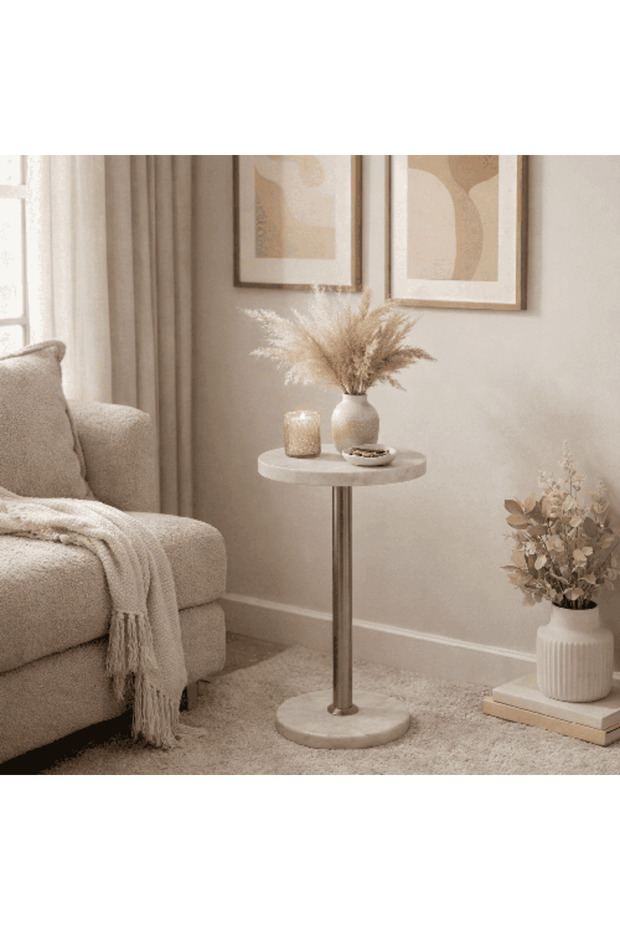 Marble Side Table with Strong Metal Base 25 cm - Silver