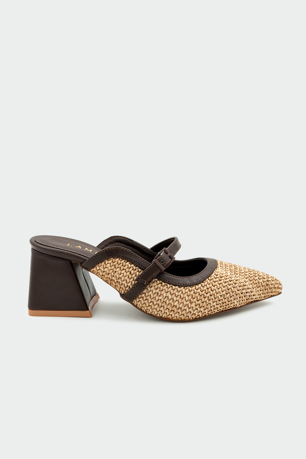 Fely Wicker Detailed Genuine Leather Thick Heeled Women's Bitter Brown Slippers