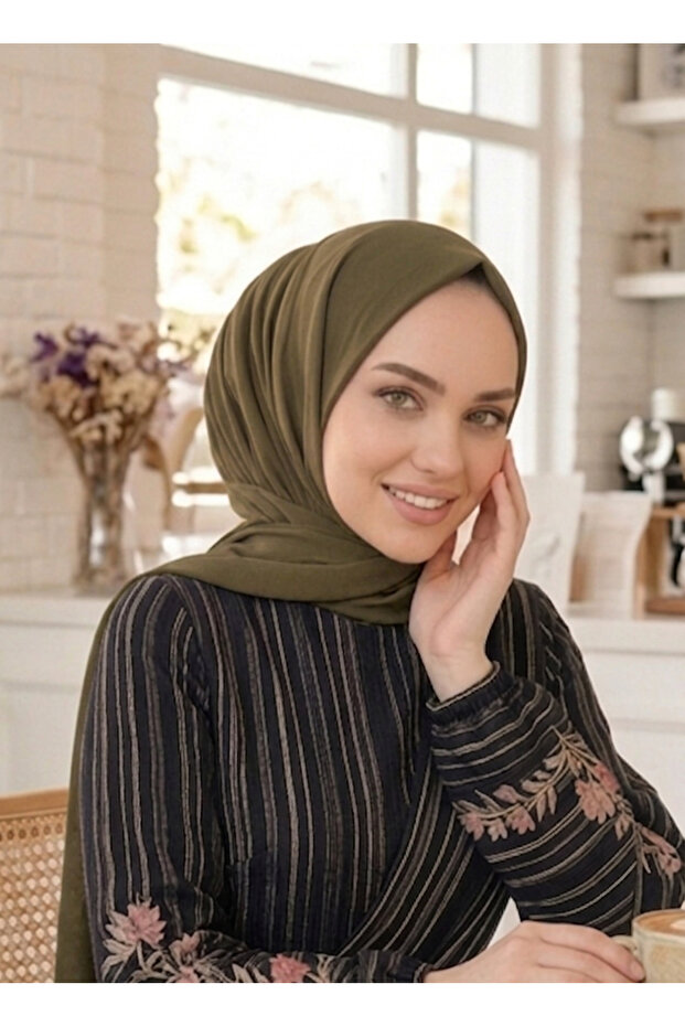 Practical Ready-To-Wear Hijab Shawl with Snap Fasteners, Khaki Color.
