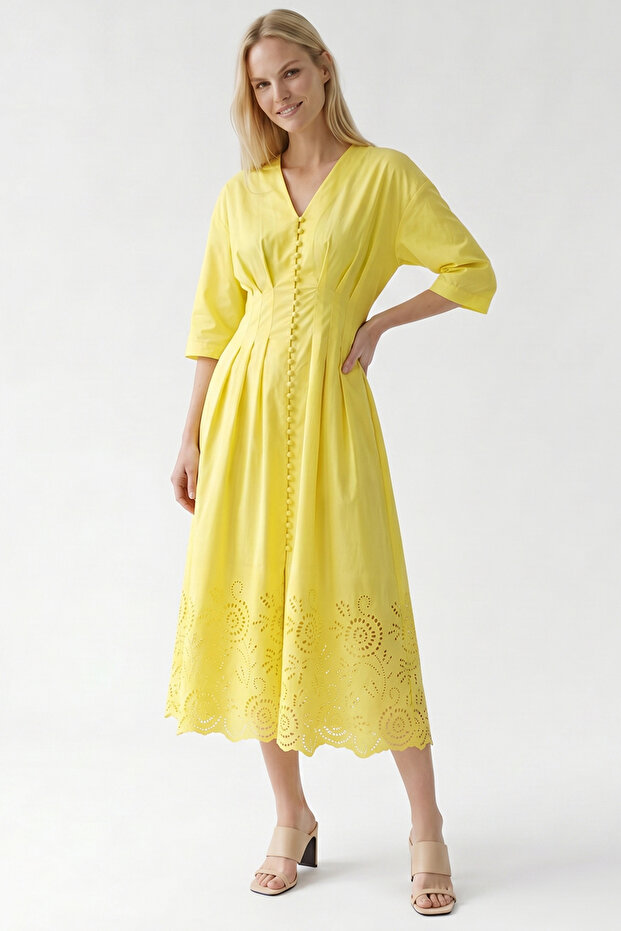 Waist-Fitted Truvaker Sleeve Embroidered Buttoned Midi Regular Shirt Dress