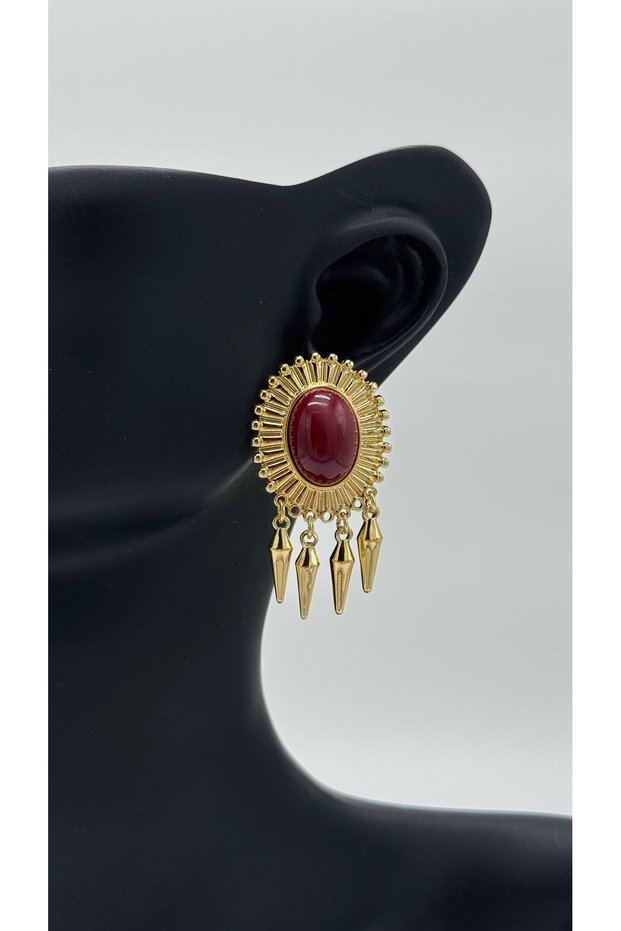 Large Oval Burgundy Stone Detailed Stylish Earrings - Gold