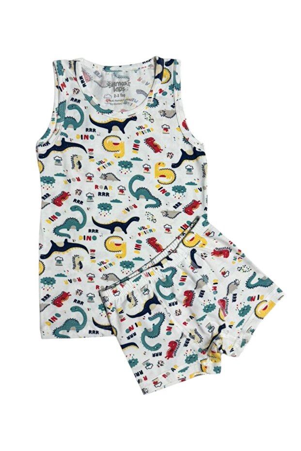Boys' 100% Cotton Fabric White Color Dinosaurs Patterned Underwear Set with Stitched Crotch