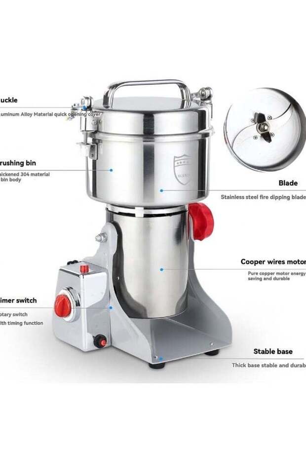 Powder Grinder – Stainless Steel High-Speed Grinder 500g | Dry Spice & Herb Grinder | 100% Copper Motor, Swing Type, Timer Function