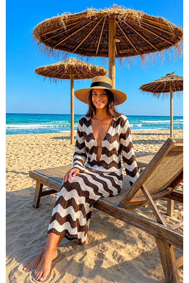 Wave Striped Cotton Openwork Beach Dress - 4