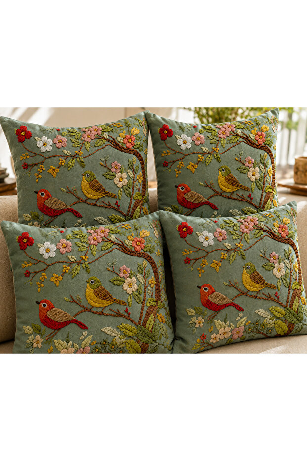 Bird and Flower Patterned Digital Printed Decorative Throw Pillow Cover Set of 4 Modern Sofa Cushions (Double-Sided Printing)