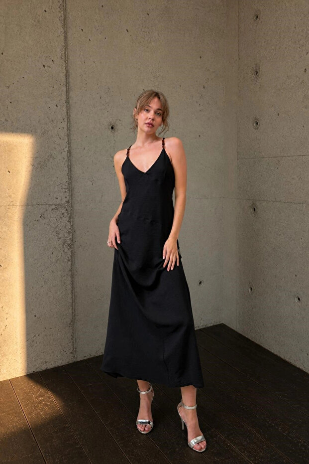 Women's Black Shoulder Piping Beaded Dress 1041-2852