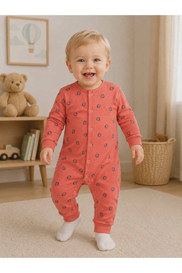 Isyiz Baby Patterned Snap Fastener Long Sleeve Jumpsuit 100% Cotton