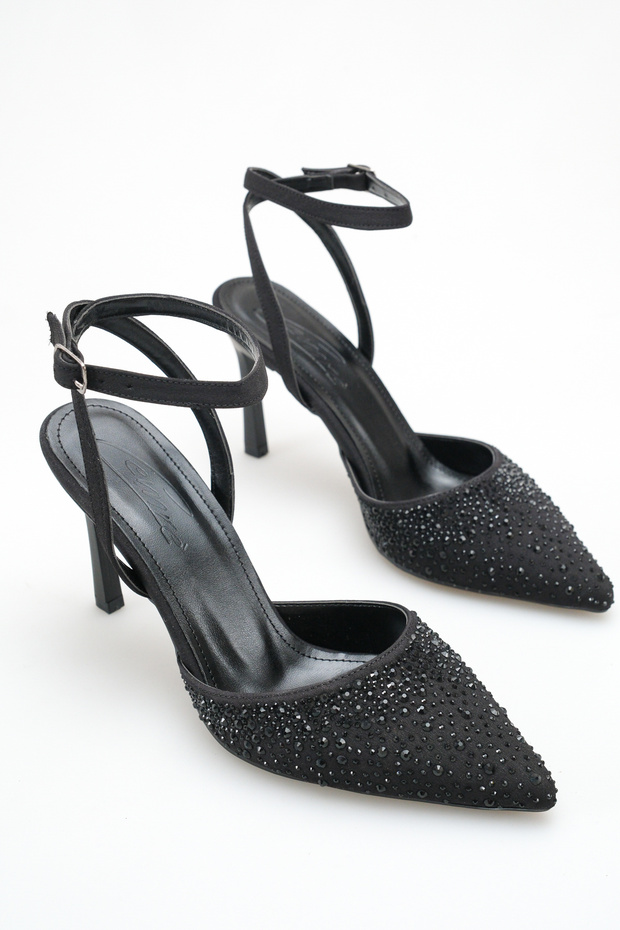 Costa black stone detailed women's evening heeled shoe with ankle strap