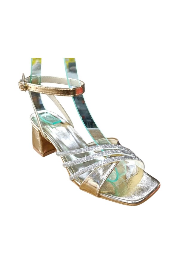 26Y216 Women's Stone Detailed 5.5 cm Thick Heeled Open Evening Dress Shoes
