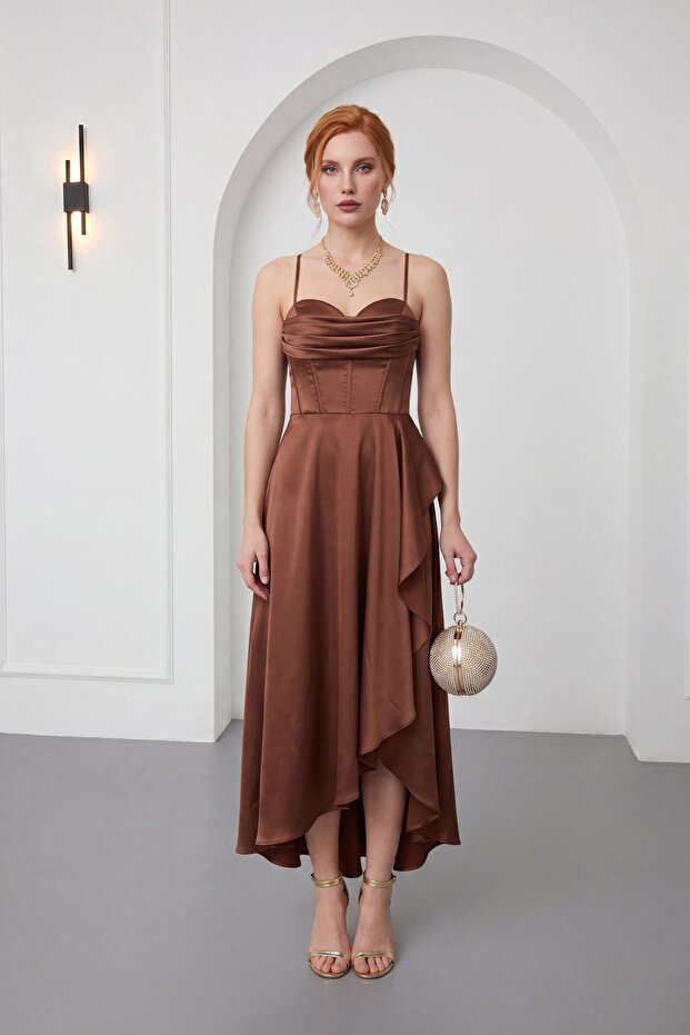 Women's Brown Degaje Collar Strap Midi Satin Evening Dress