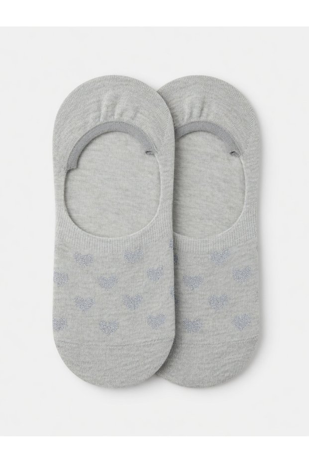 2 Pairs of Women's Gray Heart Patterned Cotton Ballerina Socks - Non-Slip Silicone Invisible Ballerina Socks