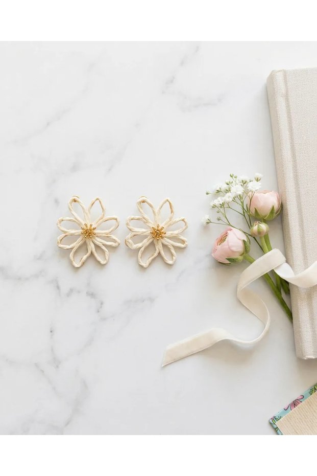 Wicker Flower Earrings Women's Bohemian Summer Earrings with Gold Detail