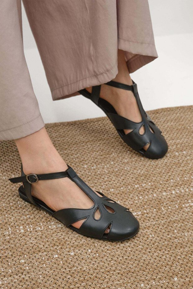 Lotus Black Color Laser Cut Sandals