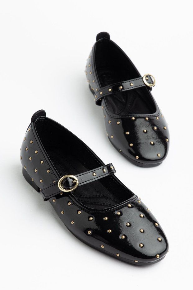 Women's Black Patent Leather Ballerinas with Buckle