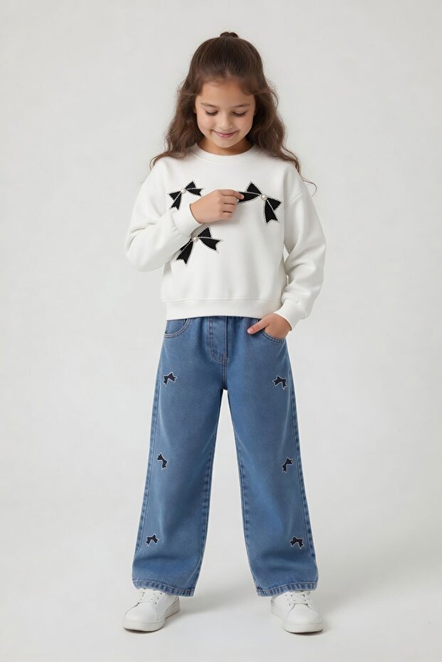 Ecru Stone Bow Patterned Badili Jean Pants and Top Set for Girls 24157