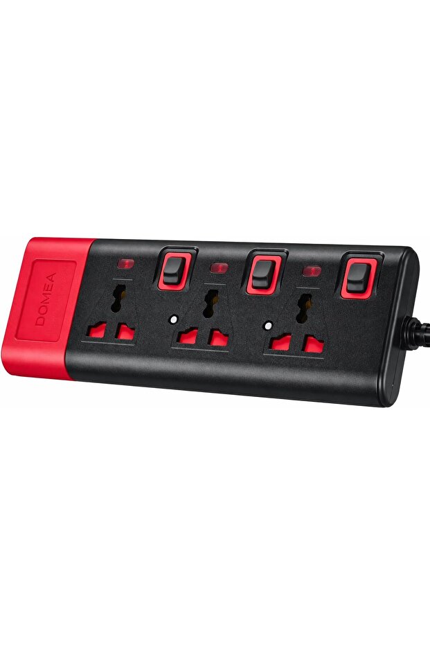 Power Strip Extension Board with 3 Universal Sockets, 3 M Heavy Duty Cable, Individual Switches for Each Socket, Safety Earthing Protection, Multi Plug Extension for Home & Office (Black & Red)