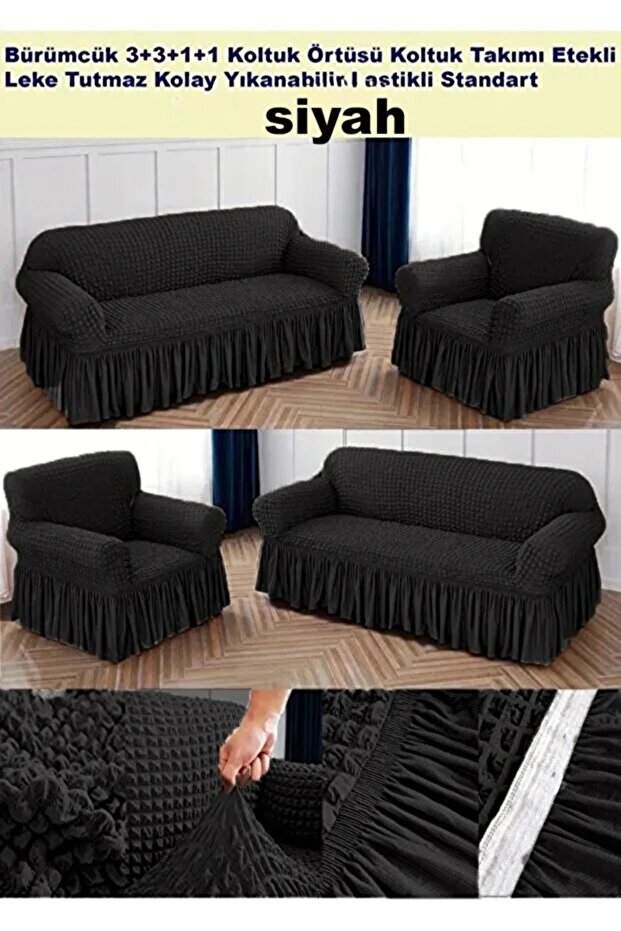 Crinkled Sofa Couch Cover Set Elastic Skirted Sofa Couch Slipcover 3+3+1+1 Standard