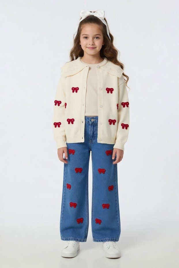 Beige Embroidered Knitted Sweater, Badili Girl's Pants, 3-Piece Set 24138