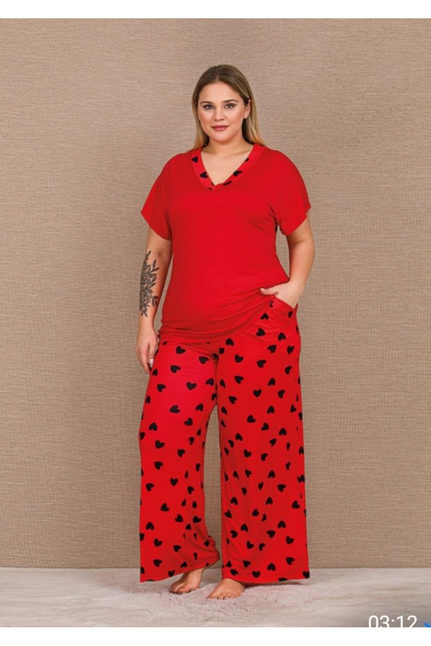 Red Color, Heart Pattern 11055 Short Sleeve Women's Plus Size Mother's Pajama Set