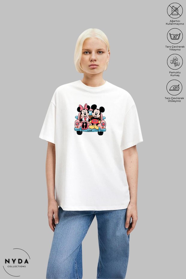 Unisex Crew Neck Minnie Mickey Mouse Love Printed Cotton Oversize Short Sleeve T-Shirt