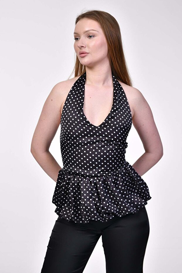 Mistix halter neck polka dot balloon blouse - black