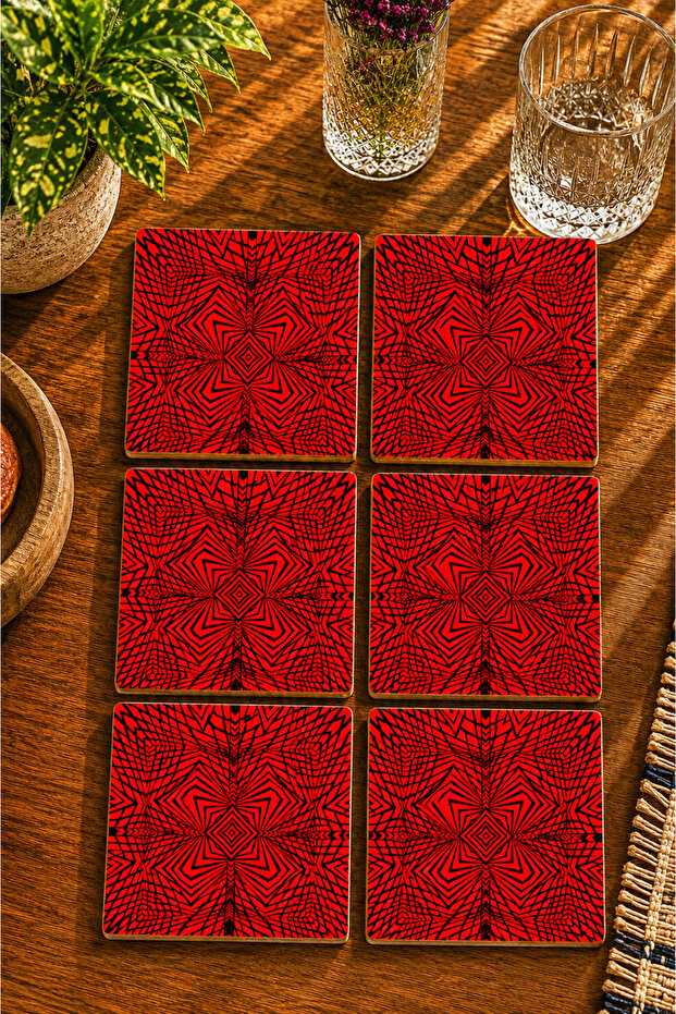 Black - Red Optical Illusion Modern Set of 6 Coasters - Uv Printing Mdf - 10X10 cm