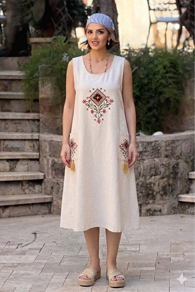 Kilim Embroidered Sleeveless Linen Dress