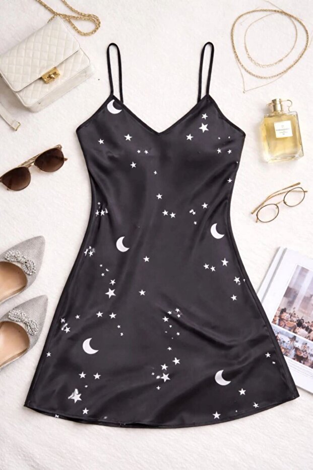 Starry Sky Patterned Satin Nightgown with Straps