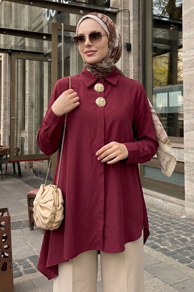 Double Buckle Placket Burgundy Asymmetrical Tunic