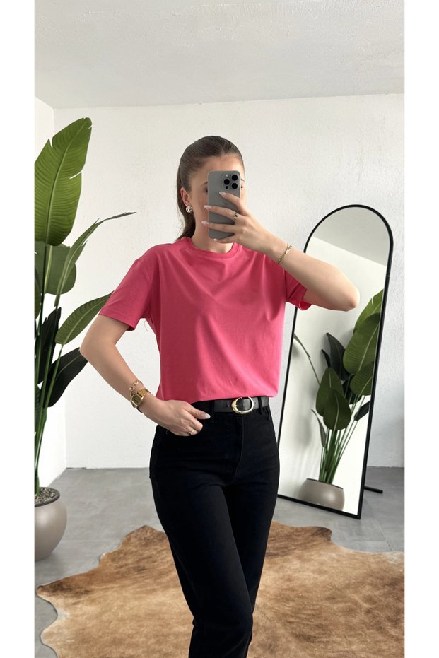 Women's Pink Crew Neck Short Sleeve Full Lycra Stretchy Blouse Body