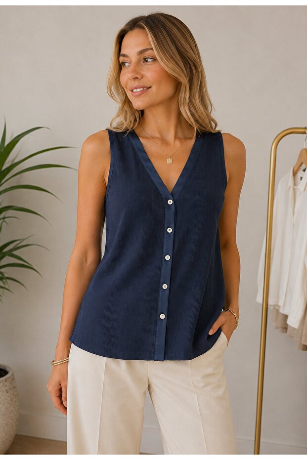 Women's V-Neck Viscose Sleeveless Plain Summer Sport Stylish Front Button Blouse