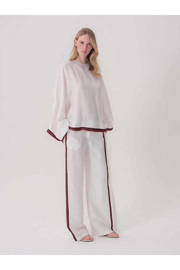 Contrast Tape Detailed Linen Blouse