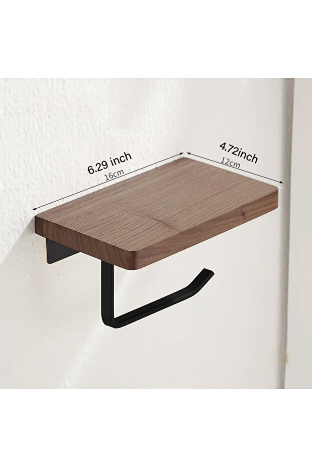 black Toilet Paper Holder with Natural Walnut Wooden Shelf Tissue Roll Hanger Wall Mounted Paper Tow