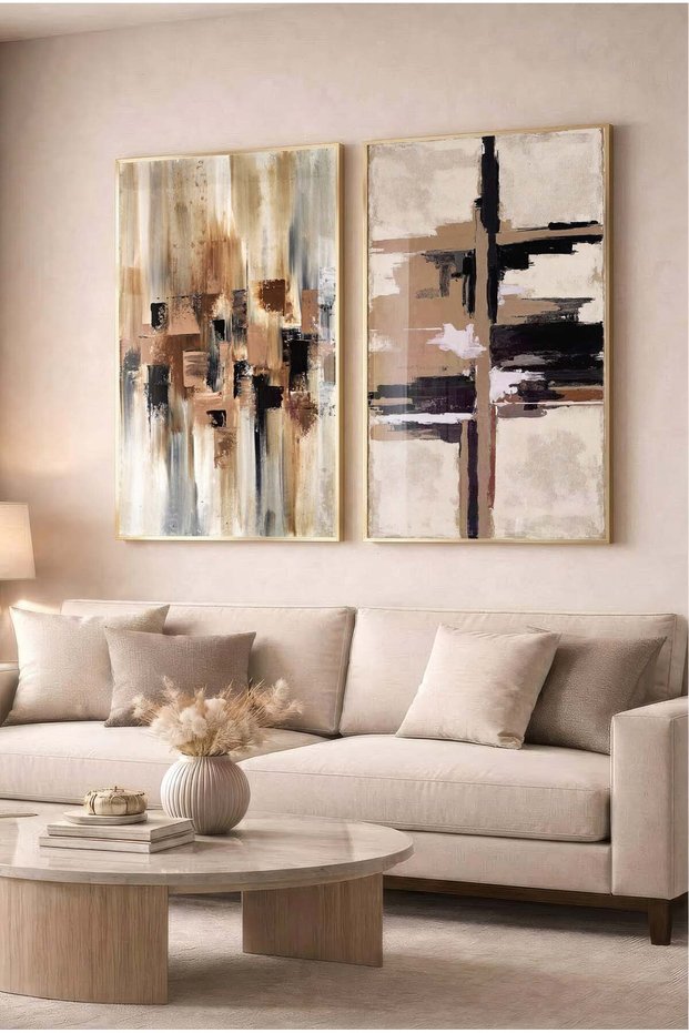 Beige and Earth Tones Modern 2-Piece Glass Painting Set - Gold Metal Framed Home and Office Painting